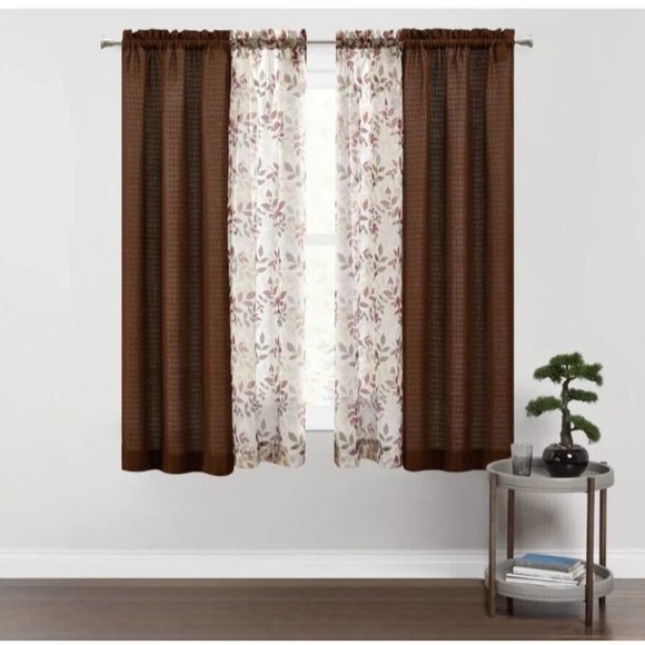 Brown Basket Leaves Window Curtain 4-Pc Room Shears Panels 25.5 W x 63 inch Each - Picture 1 of 6